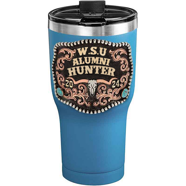 A customized tumbler made of stainless steel with a personalized engraved initials and Alumni Hunter lettering, 30 oz, ideal for coffee or cool drinks